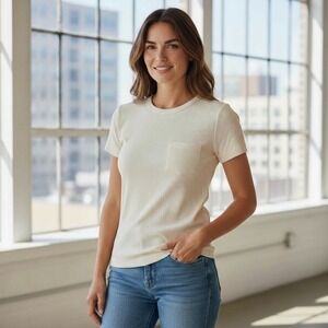 Madewell Ribbed Cotton Pocket Tee Cream Ivory Short‎ Sleeve Casual Top Womens XS